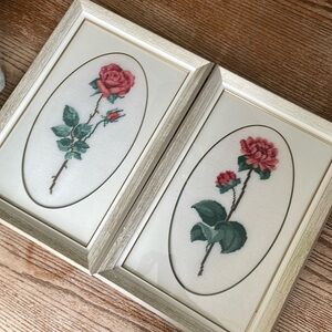 VINTAGE  set of two large framed needlepoint floral pink white ivory cottagecore